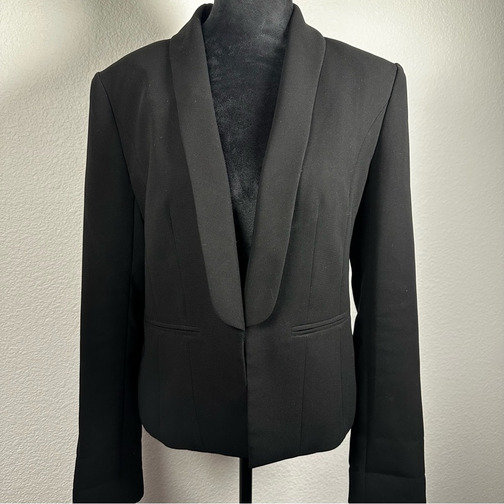 Halogen Open Front Black Blazer Size 12 Classic Shawl Collar Jacket